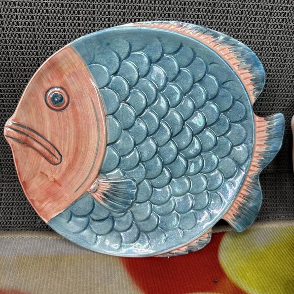 Vintage Rare 10 piece MCM Henriksen Majolica Fish Sculpture Iridescent Jug Pitch - Picture 2 of 12